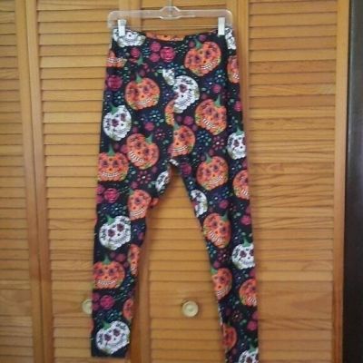 Jaam Apparel Black Orange Pumpkin Sugar Skull Print Yoga Leggings TC Plus Size